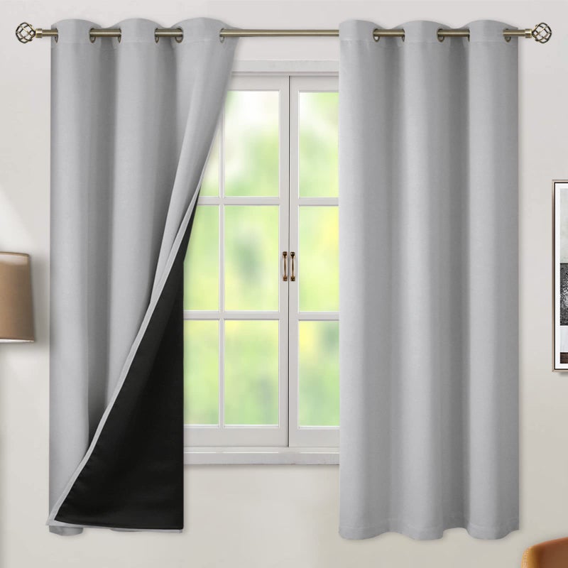 BGment 100% Blackout Curtains for Bedroom with Black Liner, Thermal Insulated Thick Double Layers Total Light Blocking Grommet Window Curtains 63 Inch Length 2 Panels Set (52 x 63 Inch, Light Grey) - Image 1